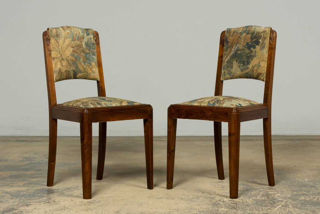 Set of 12 French Art Deco Walnut Dining Chairs with Botanical Upholstery, 1930s