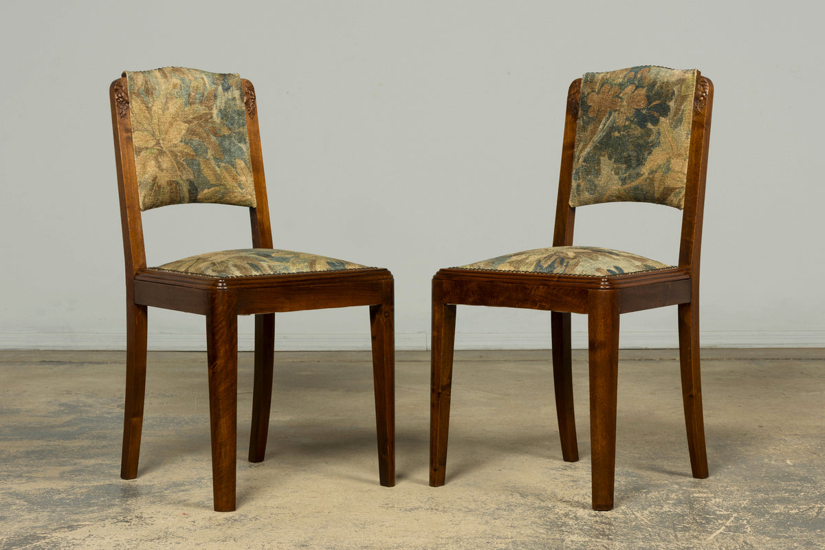 Set of 12 French Art Deco Walnut Dining Chairs with Botanical Upholstery, 1930s