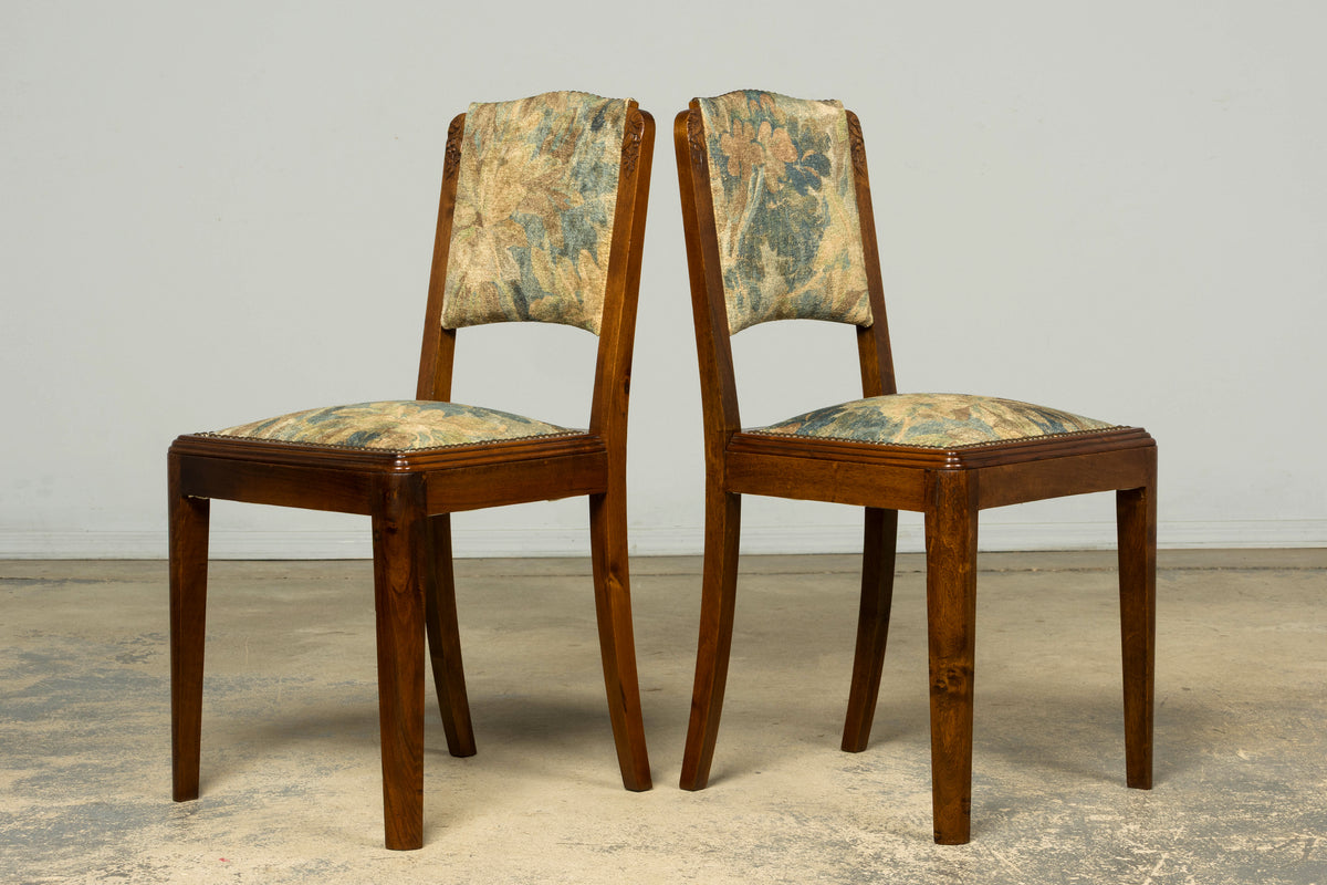 Set of 12 French Art Deco Walnut Dining Chairs with Botanical Upholstery, 1930s