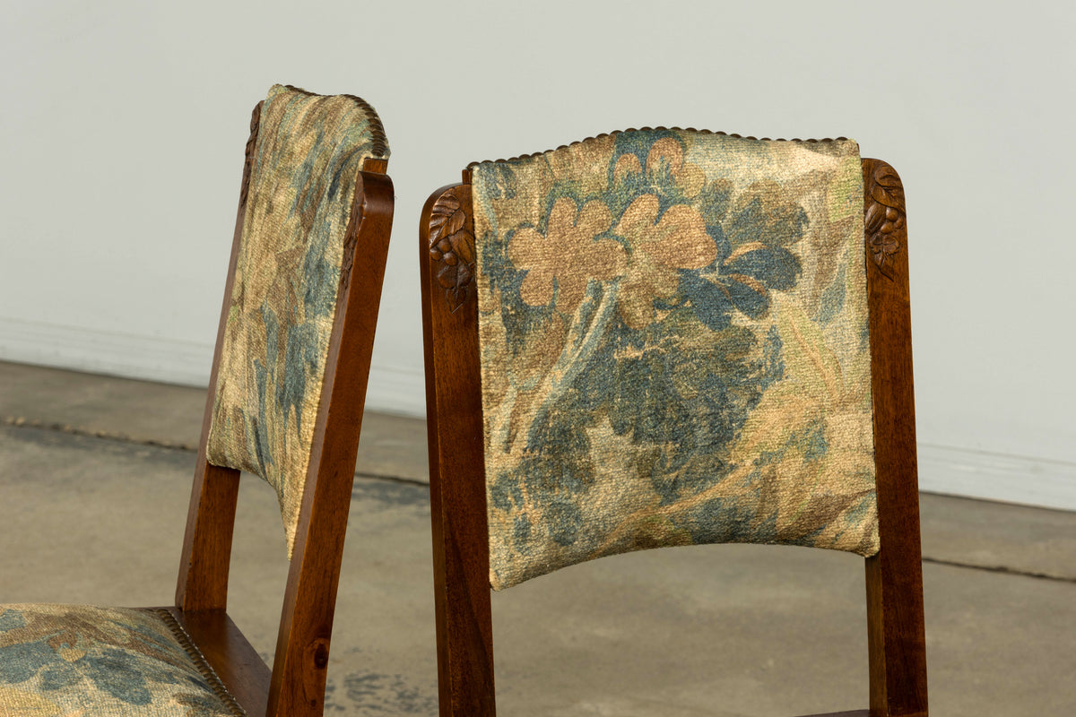 Set of 12 French Art Deco Walnut Dining Chairs with Botanical Upholstery, 1930s