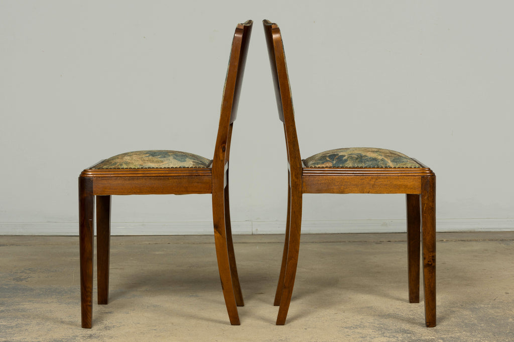 Set of 12 French Art Deco Walnut Dining Chairs with Botanical Upholstery, 1930s