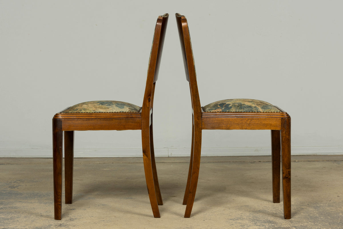 Set of 12 French Art Deco Walnut Dining Chairs with Botanical Upholstery, 1930s