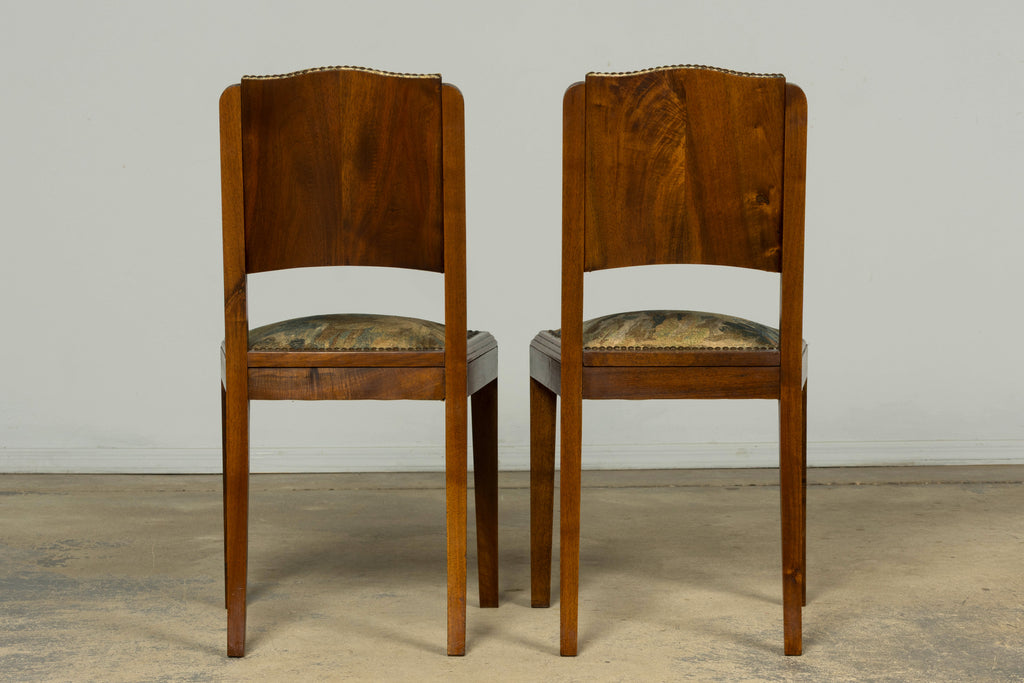 Set of 12 French Art Deco Walnut Dining Chairs with Botanical Upholstery, 1930s