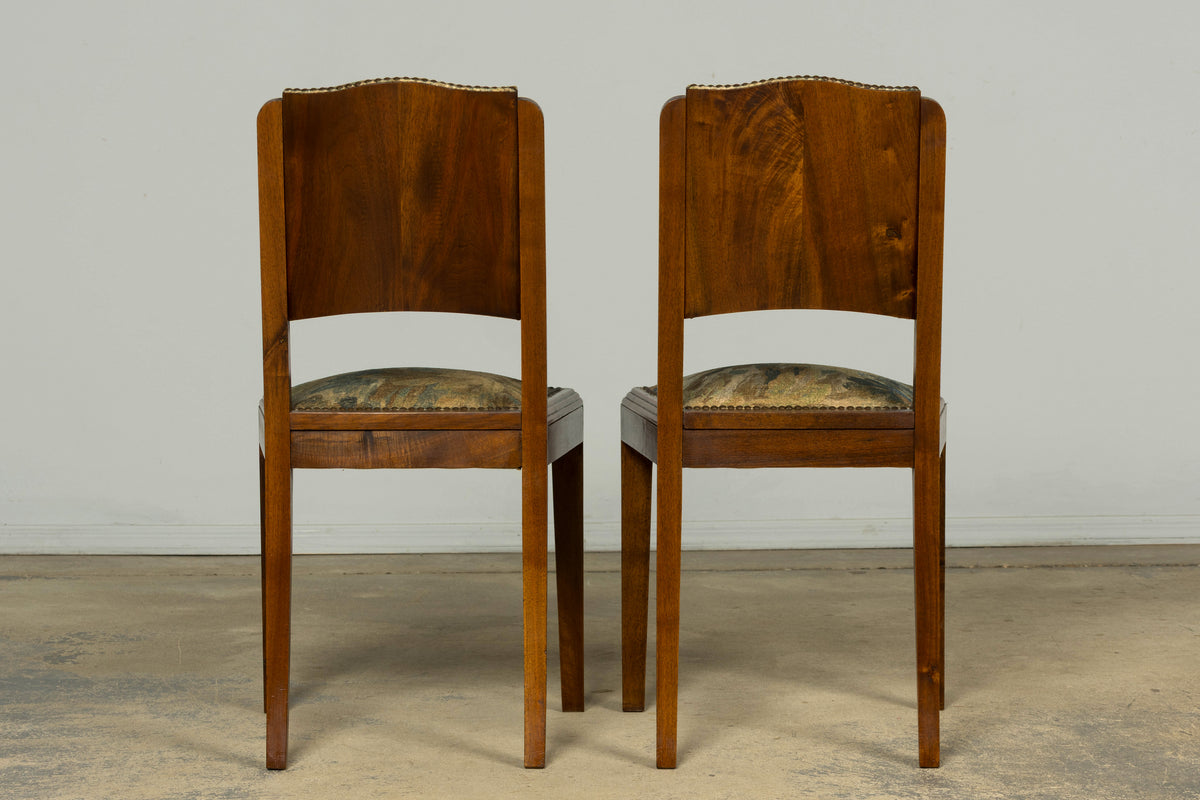 Set of 12 French Art Deco Walnut Dining Chairs with Botanical Upholstery, 1930s