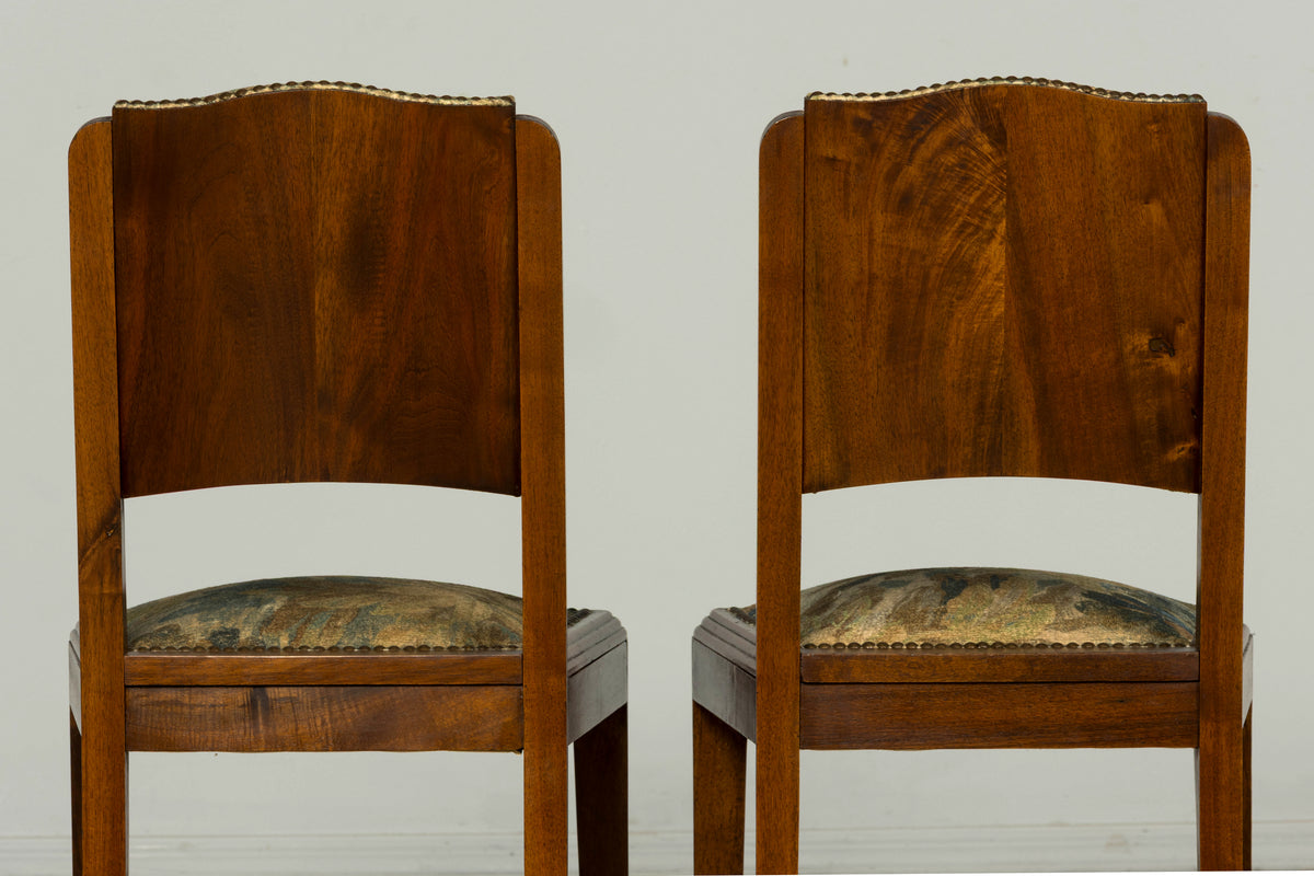 Set of 12 French Art Deco Walnut Dining Chairs with Botanical Upholstery, 1930s