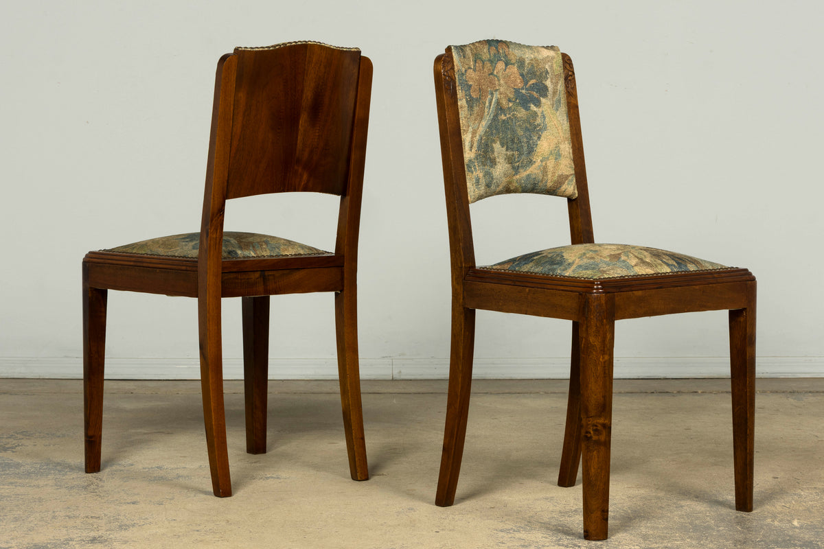 Set of 12 French Art Deco Walnut Dining Chairs with Botanical Upholstery, 1930s