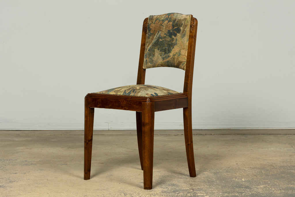 Set of 12 French Art Deco Walnut Dining Chairs with Botanical Upholstery, 1930s