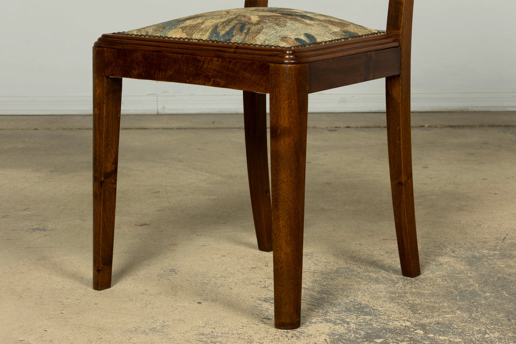 Set of 12 French Art Deco Walnut Dining Chairs with Botanical Upholstery, 1930s