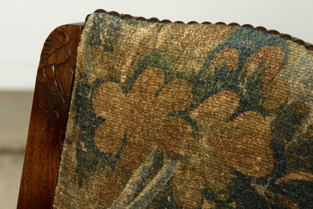 Set of 12 French Art Deco Walnut Dining Chairs with Botanical Upholstery, 1930s