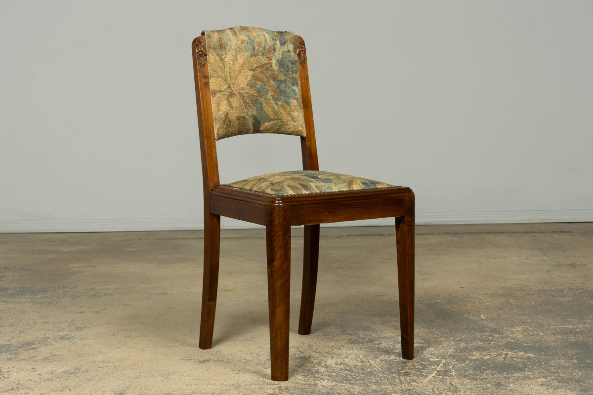 Set of 12 French Art Deco Walnut Dining Chairs with Botanical Upholstery, 1930s