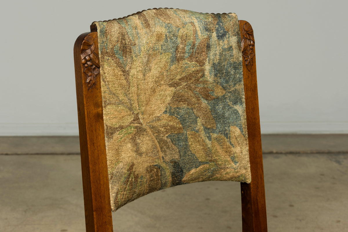 Set of 12 French Art Deco Walnut Dining Chairs with Botanical Upholstery, 1930s