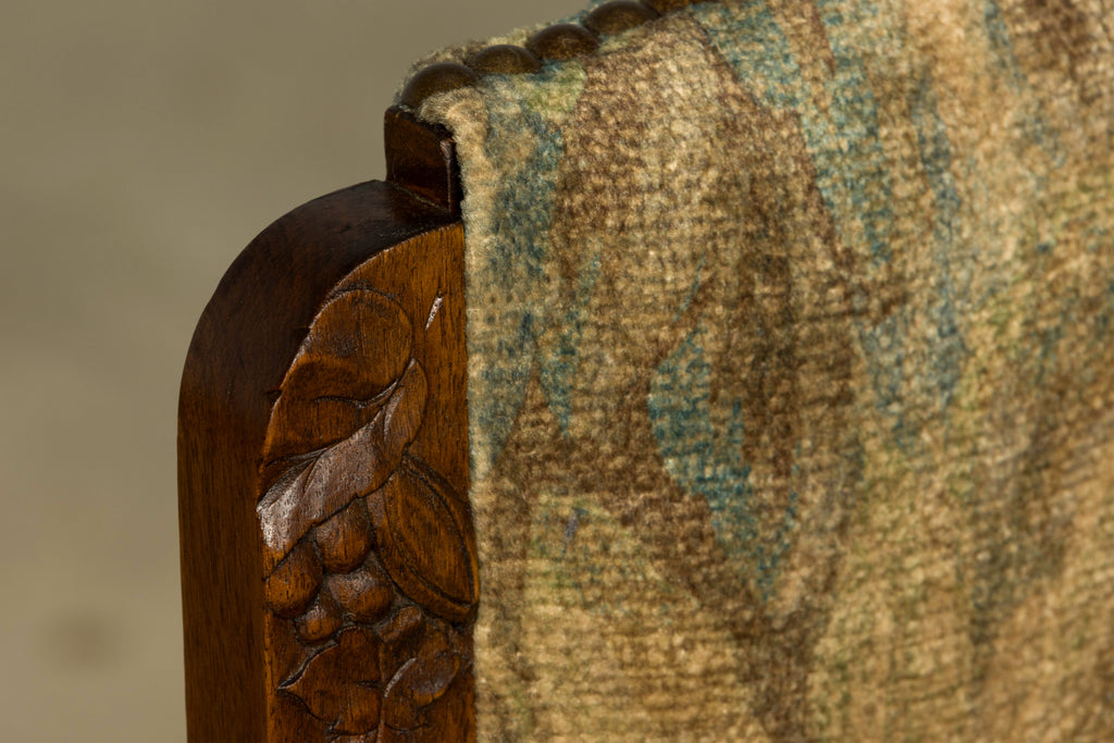 Set of 12 French Art Deco Walnut Dining Chairs with Botanical Upholstery, 1930s