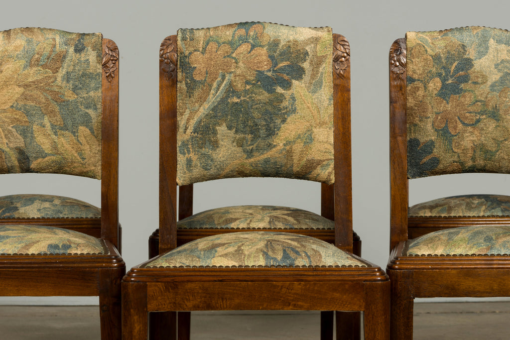 Set of 12 French Art Deco Walnut Dining Chairs with Botanical Upholstery, 1930s