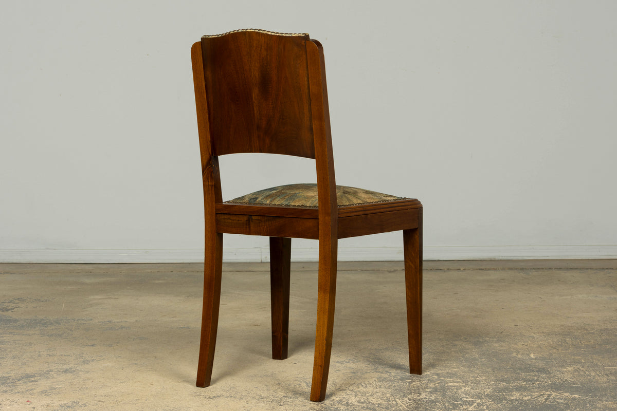 Set of 12 French Art Deco Walnut Dining Chairs with Botanical Upholstery, 1930s