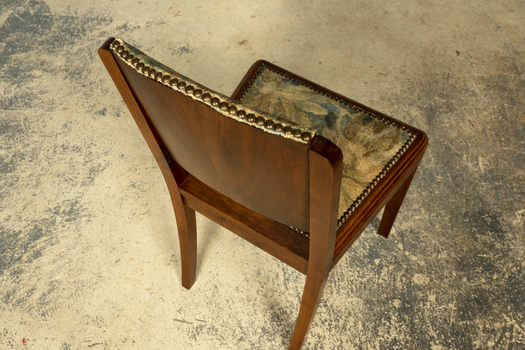Set of 12 French Art Deco Walnut Dining Chairs with Botanical Upholstery, 1930s