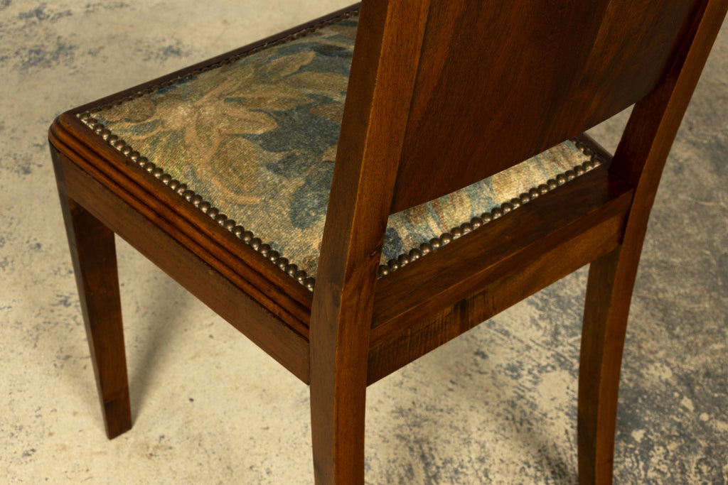 Set of 12 French Art Deco Walnut Dining Chairs with Botanical Upholstery, 1930s