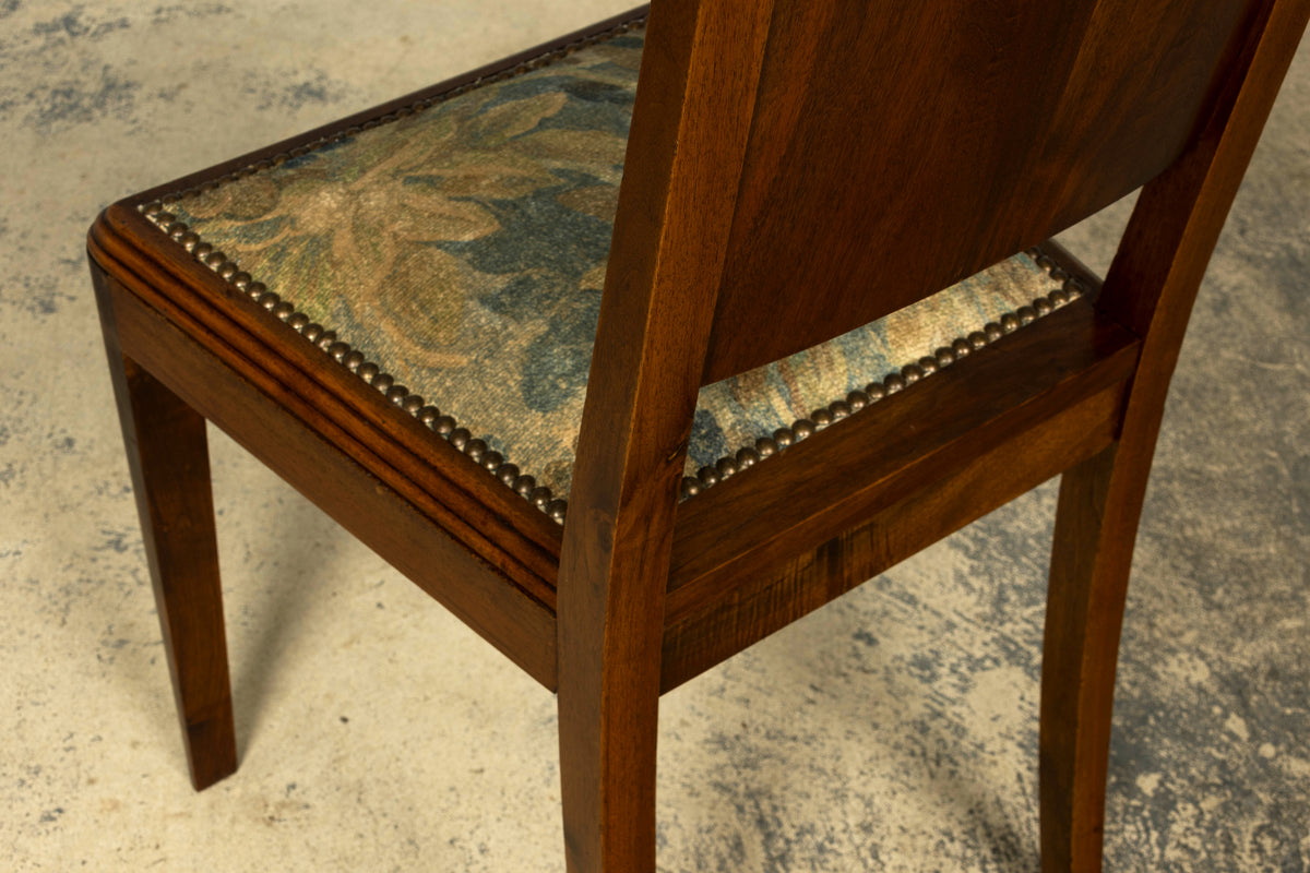 Set of 12 French Art Deco Walnut Dining Chairs with Botanical Upholstery, 1930s