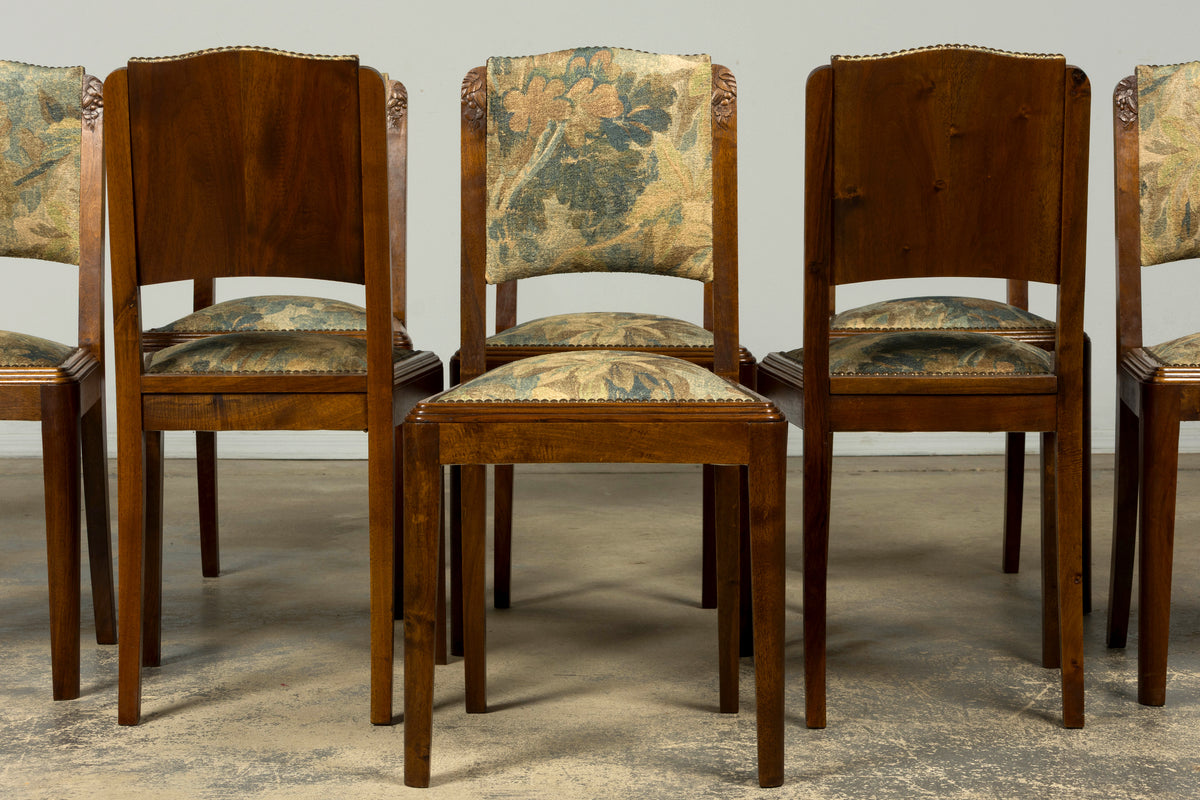 Set of 12 French Art Deco Walnut Dining Chairs with Botanical Upholstery, 1930s