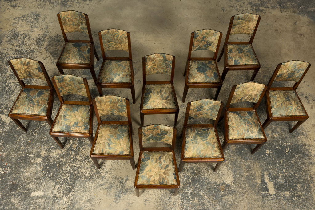 Set of 12 French Art Deco Walnut Dining Chairs with Botanical Upholstery, 1930s
