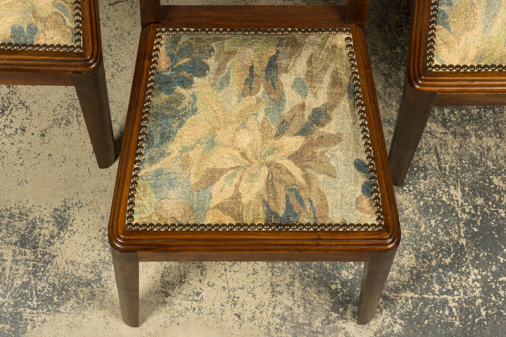 Set of 12 French Art Deco Walnut Dining Chairs with Botanical Upholstery, 1930s