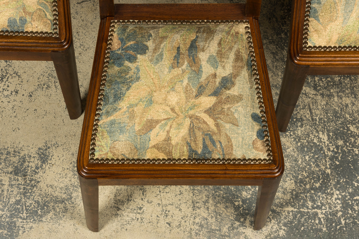 Set of 12 French Art Deco Walnut Dining Chairs with Botanical Upholstery, 1930s