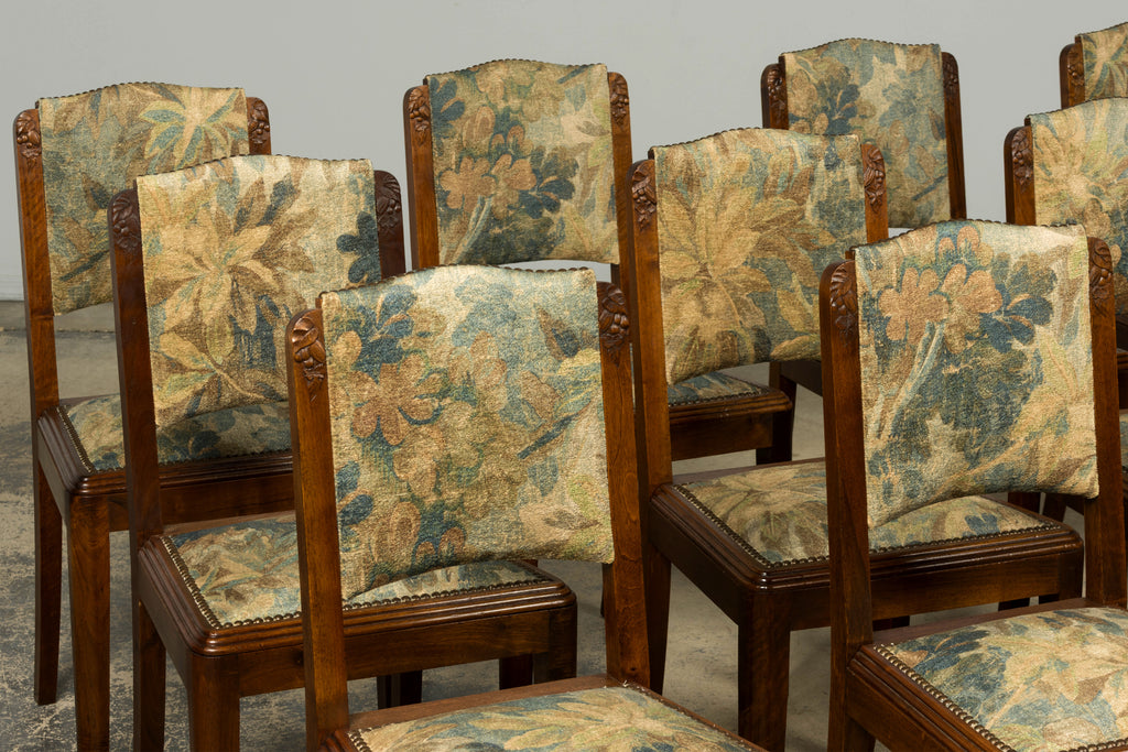 Set of 12 French Art Deco Walnut Dining Chairs with Botanical Upholstery, 1930s