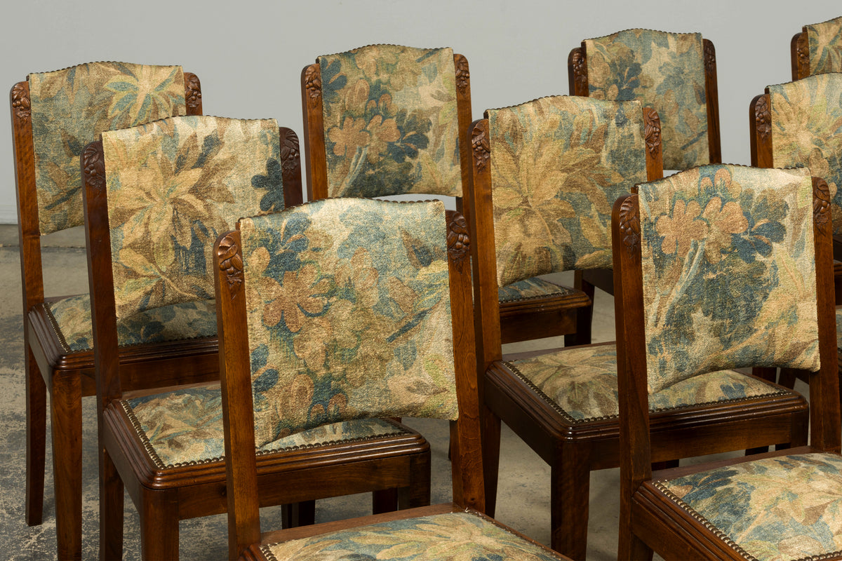 Set of 12 French Art Deco Walnut Dining Chairs with Botanical Upholstery, 1930s