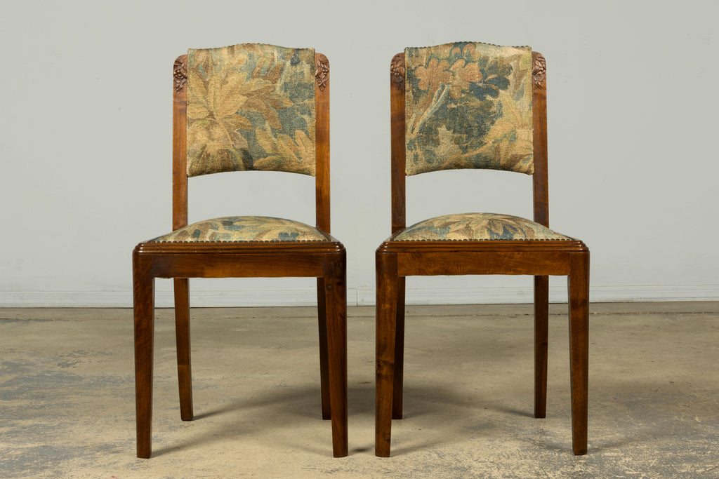 Set of 12 French Art Deco Walnut Dining Chairs with Botanical Upholstery, 1930s