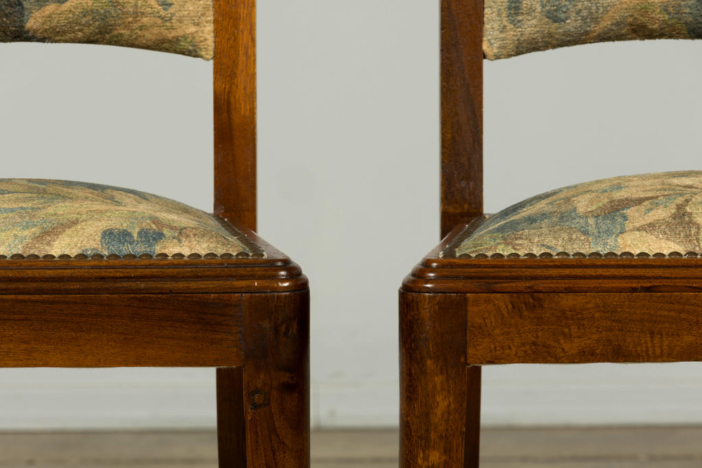 Set of 12 French Art Deco Walnut Dining Chairs with Botanical Upholstery, 1930s