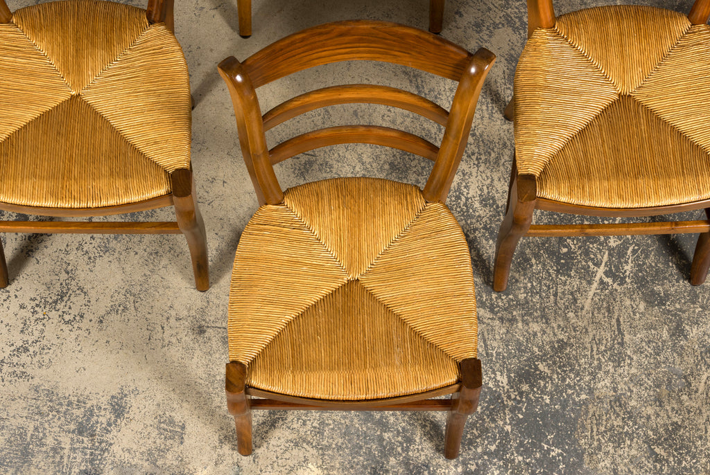 Set of 12 French Louis Philippe Style Walnut Dining Chairs with Rush Seats