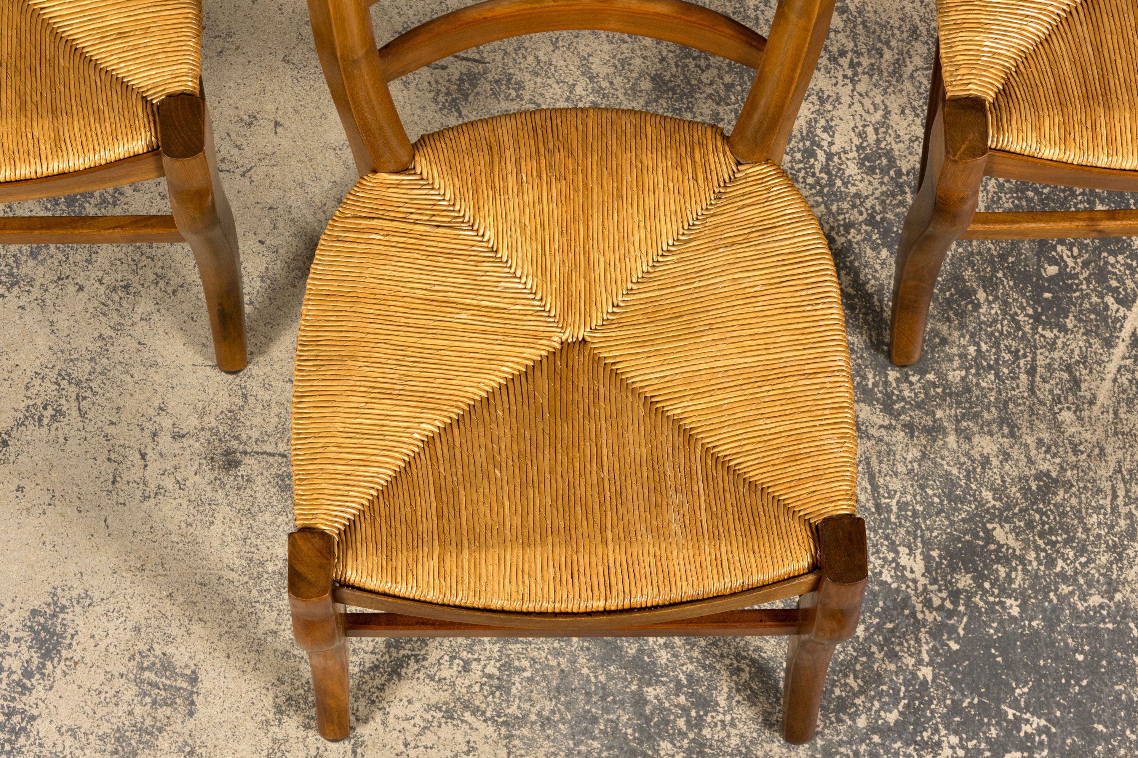 Set of 12 French Louis Philippe Style Walnut Dining Chairs with Rush Seats