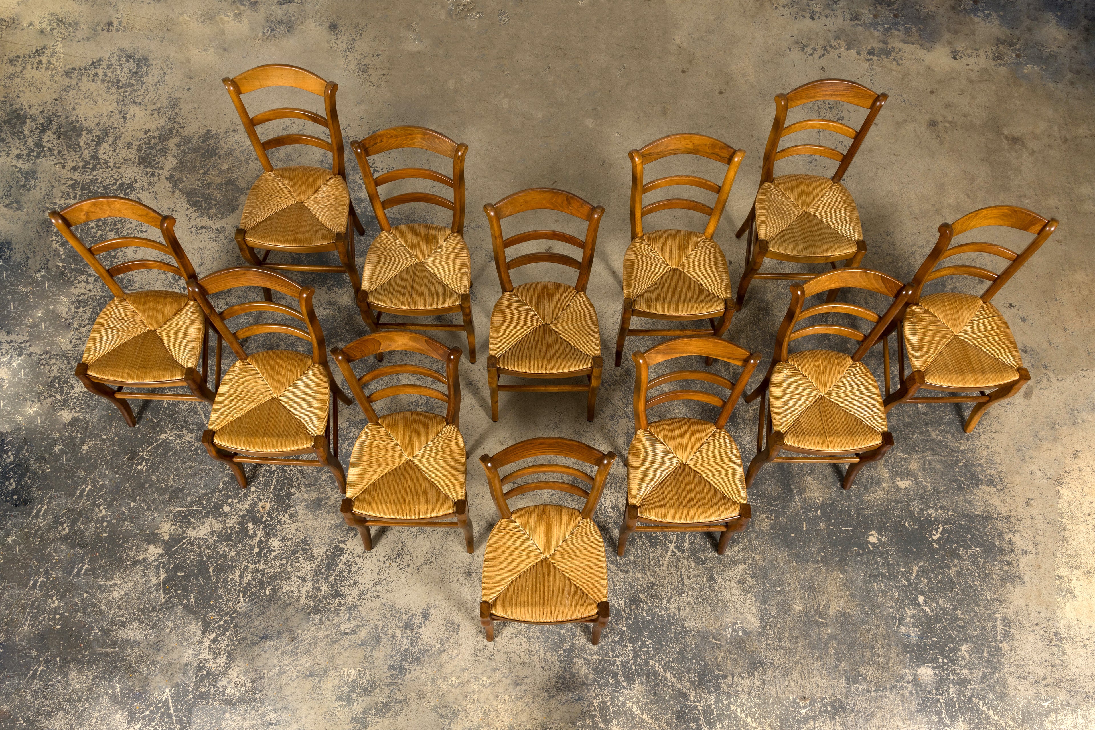 Set of 12 French Louis Philippe Style Walnut Dining Chairs with Rush Seats