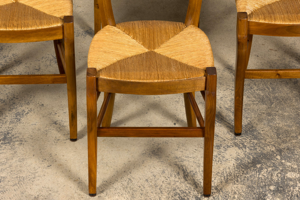 Set of 12 French Louis Philippe Style Walnut Dining Chairs with Rush Seats