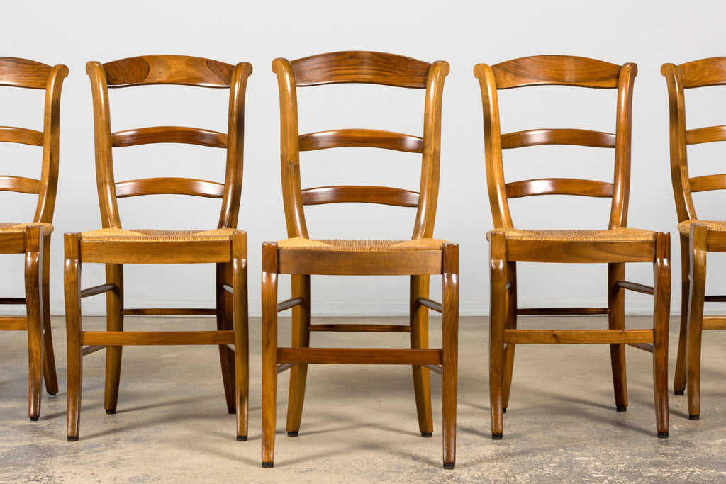 Set of 12 French Louis Philippe Style Walnut Dining Chairs with Rush Seats