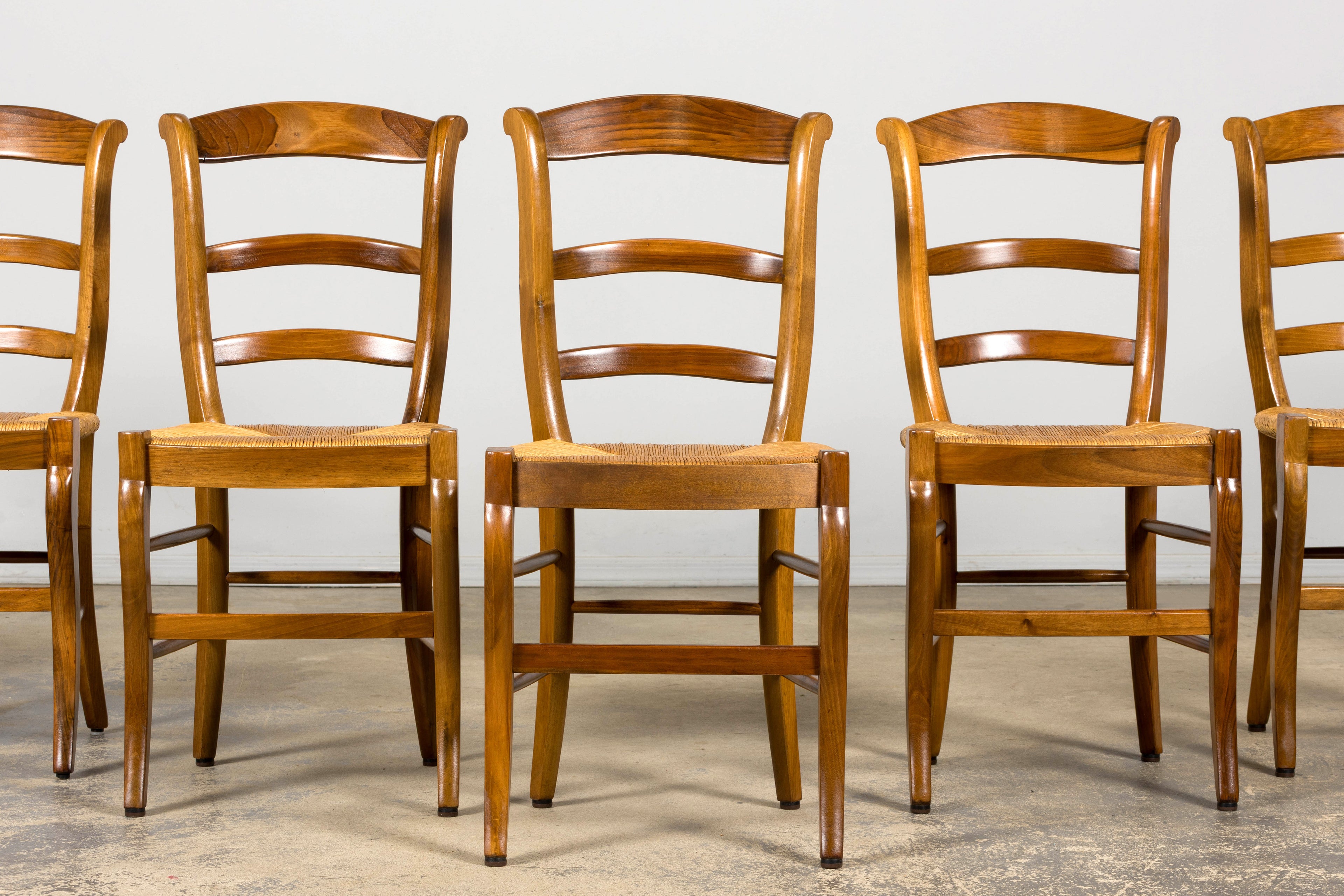 Set of 12 French Louis Philippe Style Walnut Dining Chairs with Rush Seats