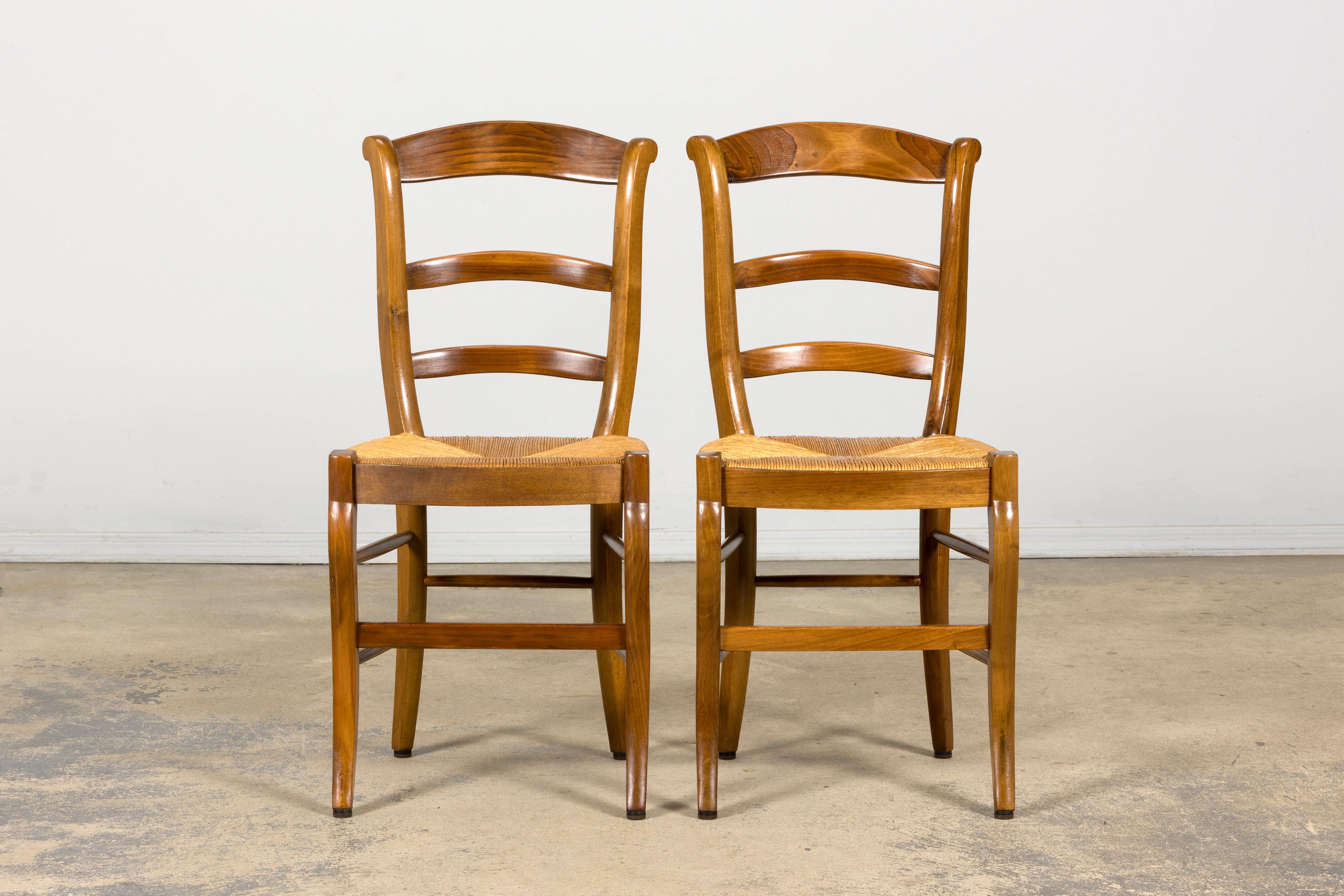 Set of 12 French Louis Philippe Style Walnut Dining Chairs with Rush Seats