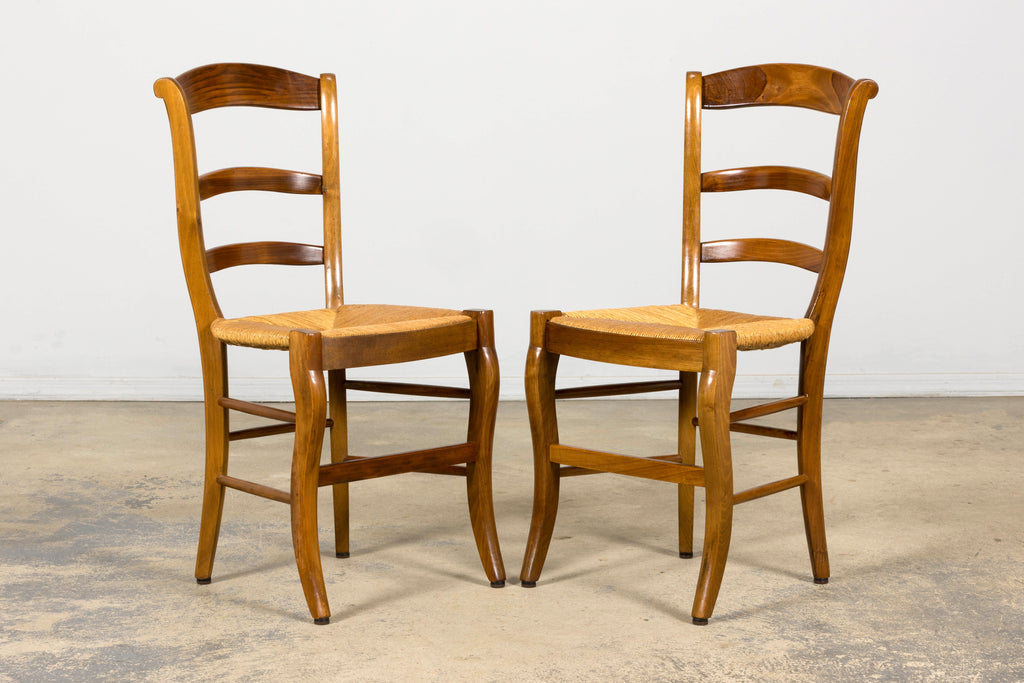 Set of 12 French Louis Philippe Style Walnut Dining Chairs with Rush Seats