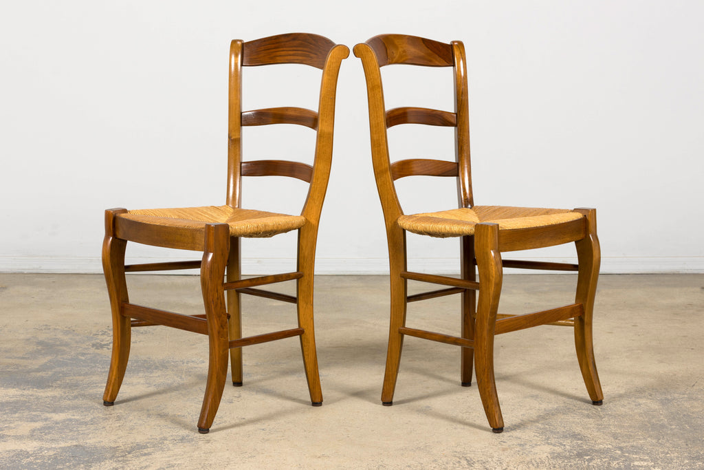 Set of 12 French Louis Philippe Style Walnut Dining Chairs with Rush Seats