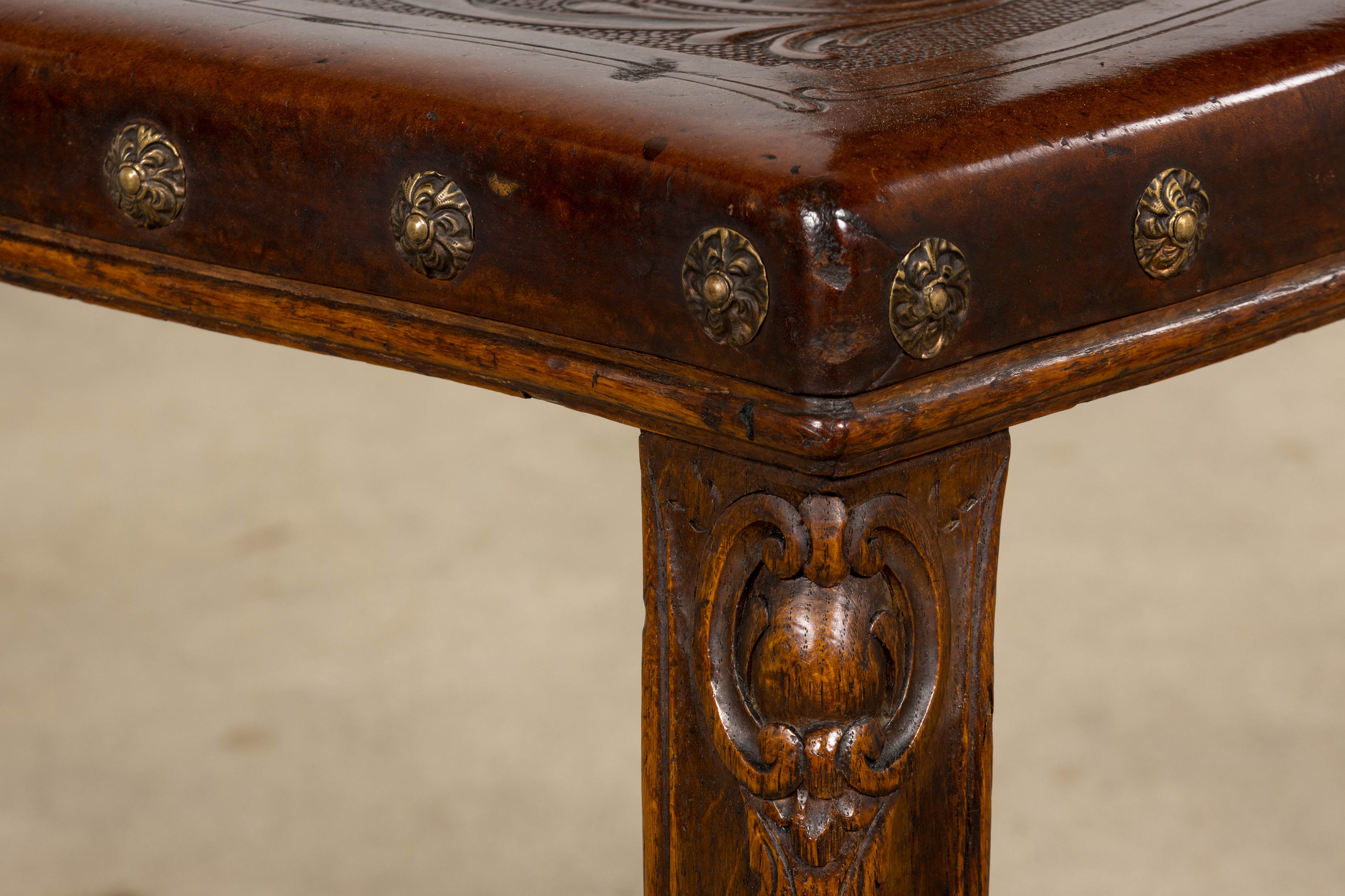 Set of 12 Late 19th Century French Renaissance Revival Carved Oak Dining Chairs with Embossed Leather