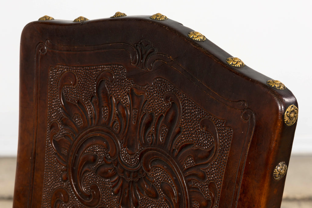 Set of 12 Late 19th Century French Renaissance Revival Carved Oak Dining Chairs with Embossed Leather