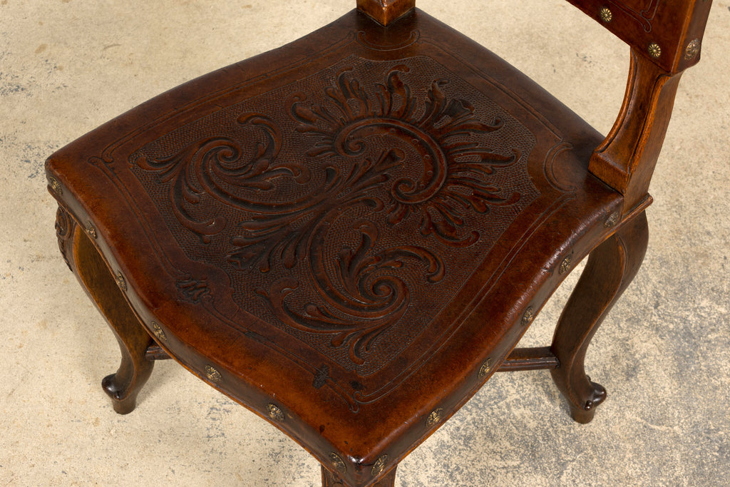 Set of 12 Late 19th Century French Renaissance Revival Carved Oak Dining Chairs with Embossed Leather