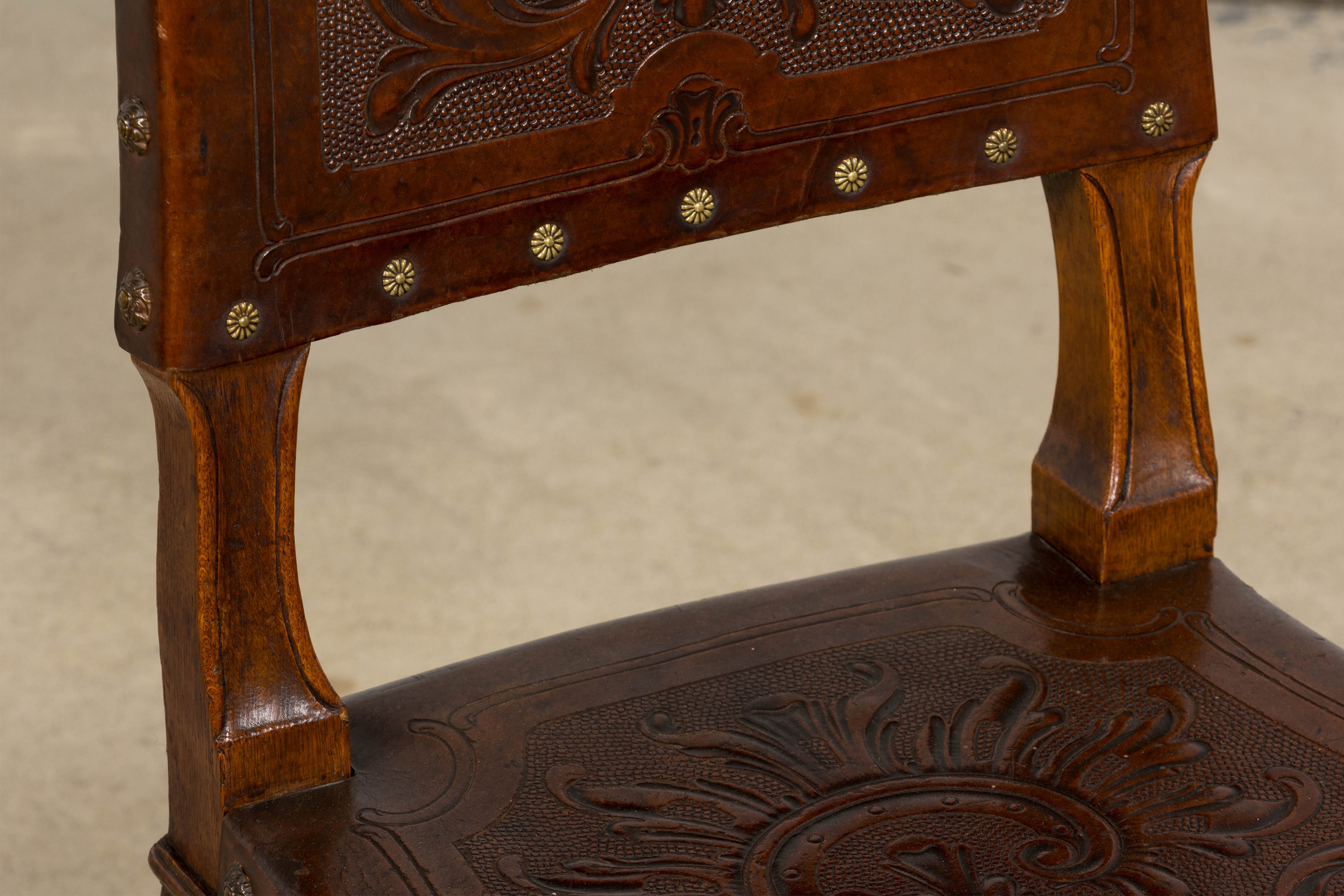 Set of 12 Late 19th Century French Renaissance Revival Carved Oak Dining Chairs with Embossed Leather