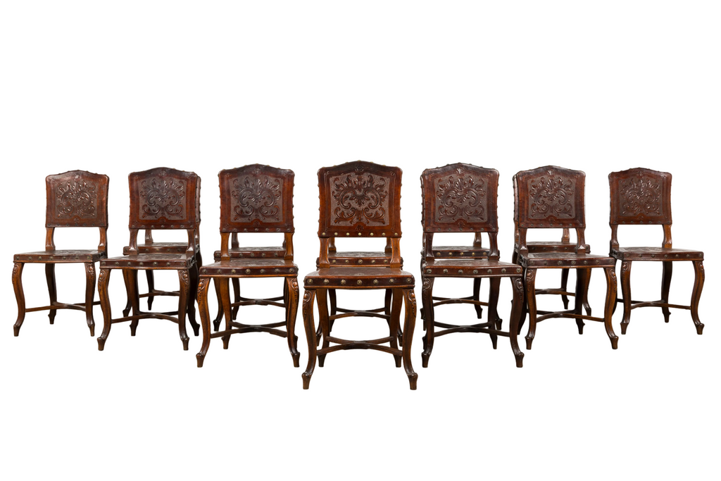 Set of 12 Late 19th Century French Renaissance Revival Carved Oak Dining Chairs with Embossed Leather