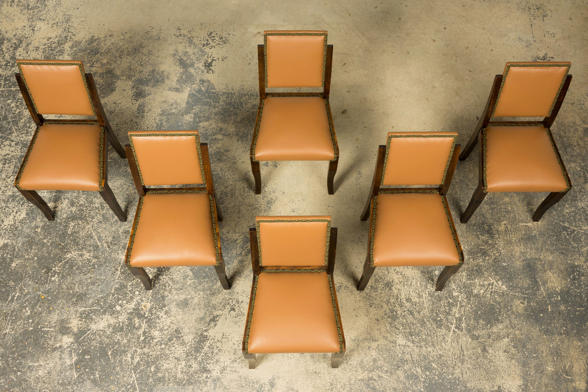 Set of 6 1930s French Art Deco Maple Dining Chairs in Tan Leather