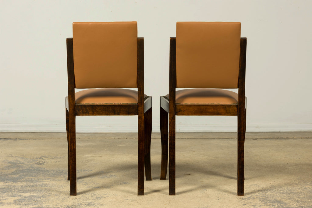 Set of 6 1930s French Art Deco Maple Dining Chairs in Tan Leather