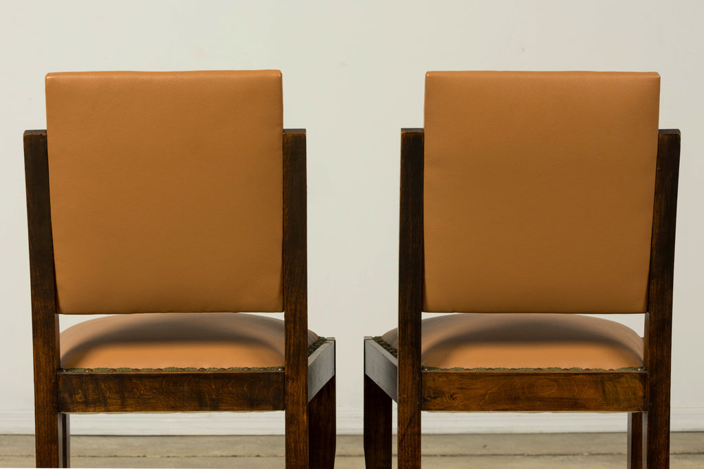 Set of 6 1930s French Art Deco Maple Dining Chairs in Tan Leather