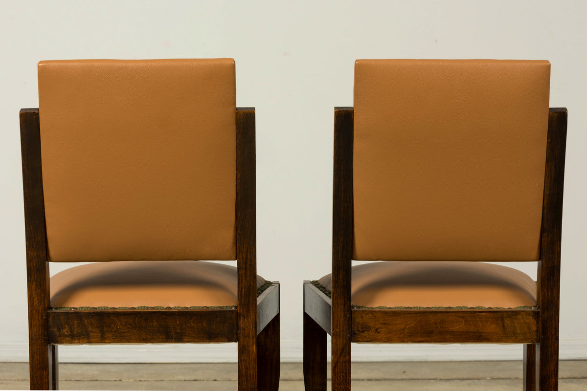 Set of 6 1930s French Art Deco Maple Dining Chairs in Tan Leather