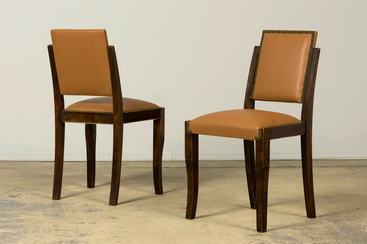 Set of 6 1930s French Art Deco Maple Dining Chairs in Tan Leather