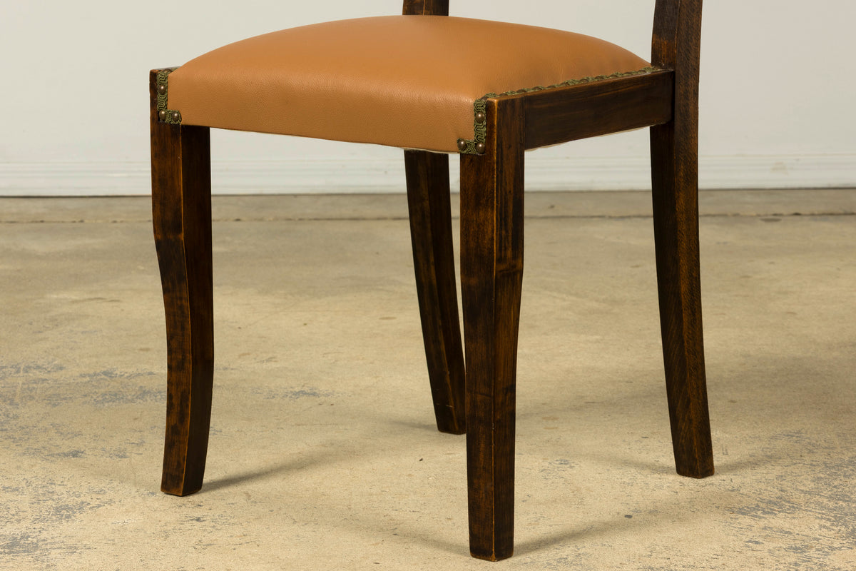 Set of 6 1930s French Art Deco Maple Dining Chairs in Tan Leather