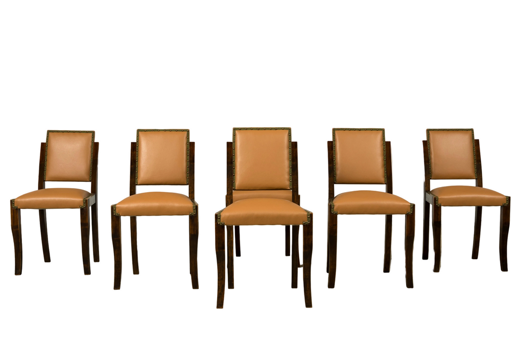 Set of 6 1930s French Art Deco Maple Dining Chairs in Tan Leather